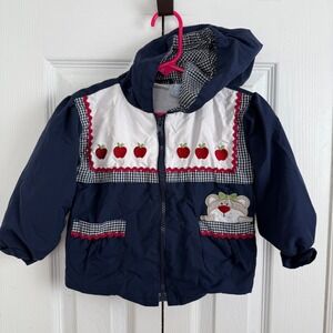 Vintage 90s 2nd Step Toddler 24M Jacket Navy Apple Bear Hooded Gingham Fall Cute